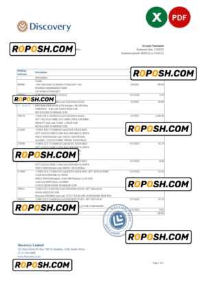 South Africa Discovery bank statement, Excel and PDF template