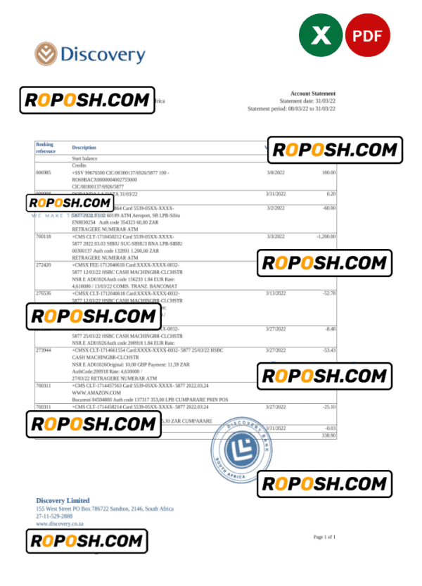 South Africa Discovery bank statement, Excel and PDF template