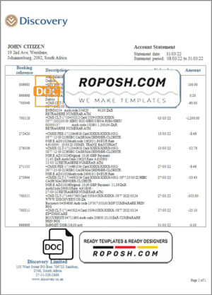 South Africa Discovery bank statement template in Word and PDF format