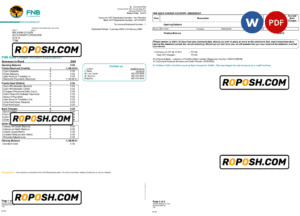 South Africa First National Bank (FNB) bank statement, Word and PDF template, 2 pages