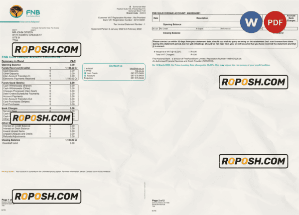 South Africa First National Bank (FNB) bank statement, Word and PDF template, 2 pages