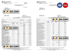 South Africa Standard bank statement, Word and PDF template, 6 pages