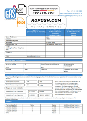 South Africa The GAS Company gas utility bill template in Word and PDF format