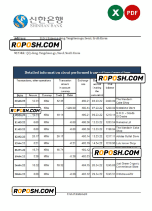 South Korea Shinhan bank statement, Excel and PDF template