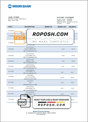 South Korea Woori bank statement template in Word and PDF format