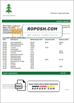 South Sudan Eden Commercial Bank bank statement template in Word and PDF format