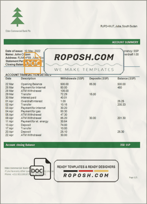 South Sudan Eden Commercial Bank bank statement template in Word and PDF format