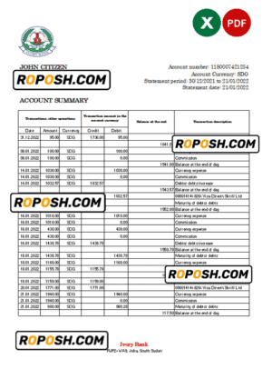 South Sudan Ivory Bank statement, Excel and PDF template