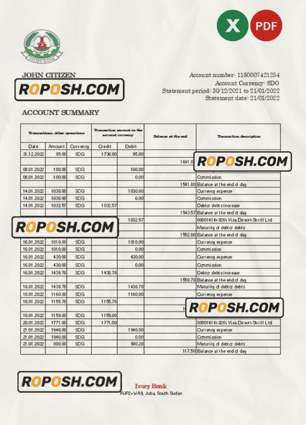 South Sudan Ivory Bank statement, Excel and PDF template