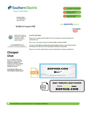 United Kingdom Southern Electric proof of address utility bill template in Word and PDF format