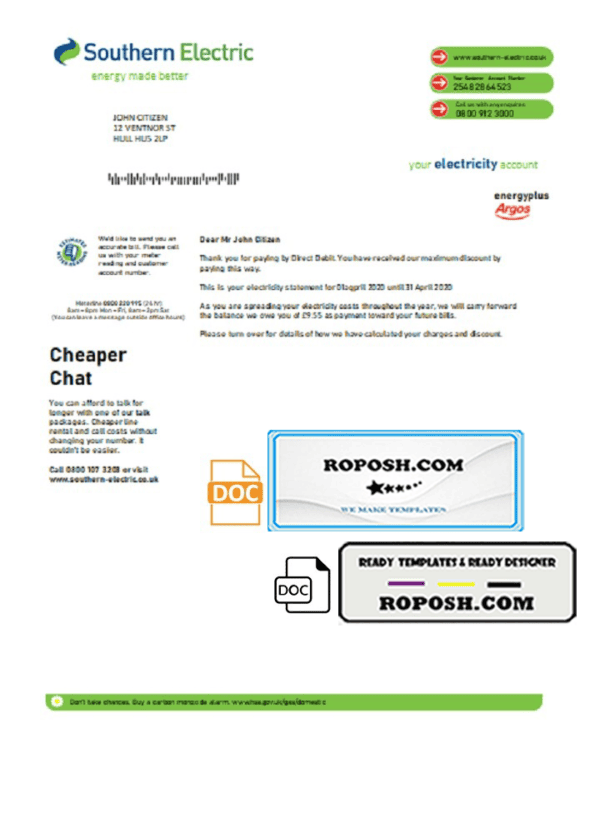 United Kingdom Southern Electric proof of address utility bill template in Word and PDF format