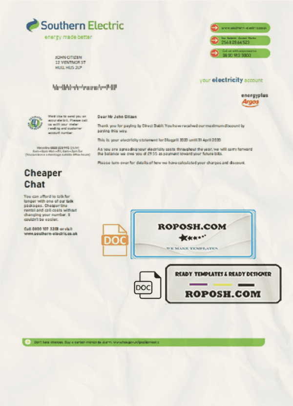United Kingdom Southern Electric proof of address utility bill template in Word and PDF format