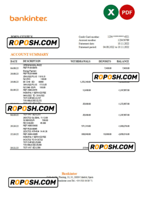 Spain Bankinter bank statement, Excel and PDF template