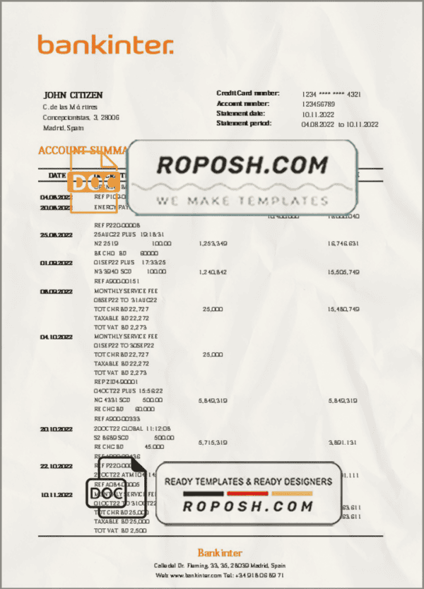 Spain Bankinter bank statement template in Word and PDF format