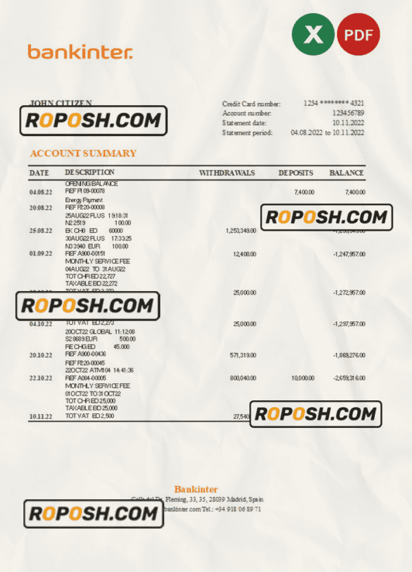 Spain Bankinter bank statement, Excel and PDF template