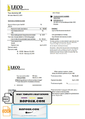 Sri Lanka LECO Company electricity utility bill template in Word and PDF format