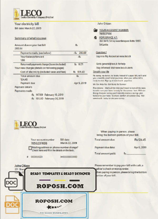 Sri Lanka LECO Company electricity utility bill template in Word and PDF format