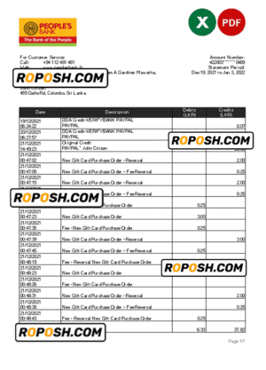 Sri Lanka People’s Bank statement, Excel and PDF template