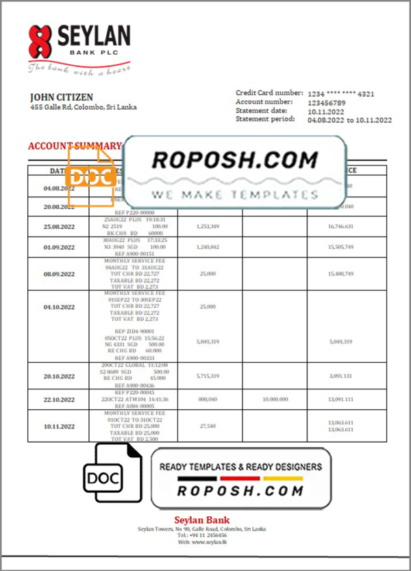 Sri Lanka Seylan bank statement template in Word and PDF format, version 2