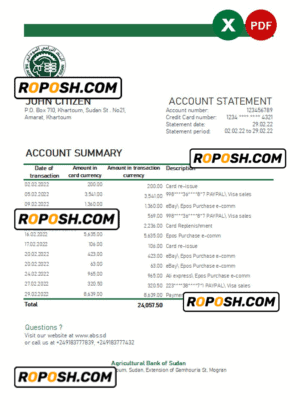 Sudan Agricultural Bank of Sudan bank statement, Excel and PDF template