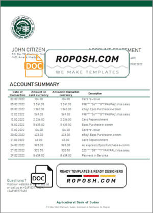 Sudan Agricultural Bank of Sudan bank statement template in Word and PDF format, version 2