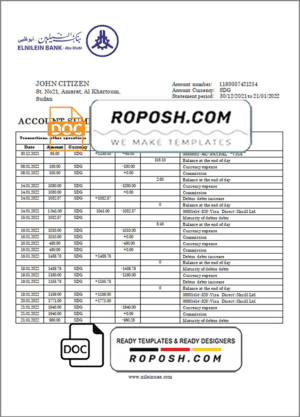Sudan Al Neelen Bank bank statement template in Word and PDF format, version 2