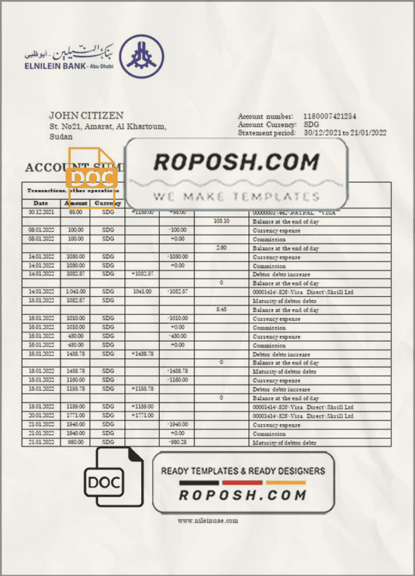 Sudan Al Neelen Bank bank statement template in Word and PDF format, version 2