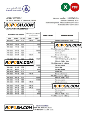 Sudan Al Neelen Bank statement, Excel and PDF template