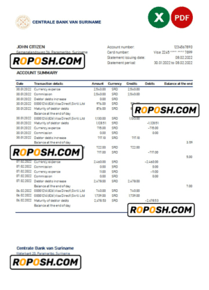 Suriname Centrale Bank Van Suriname bank statement, Excel and PDF template