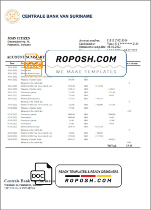 Suriname Centrale Bank Van Suriname bank statement template in Word and PDF format