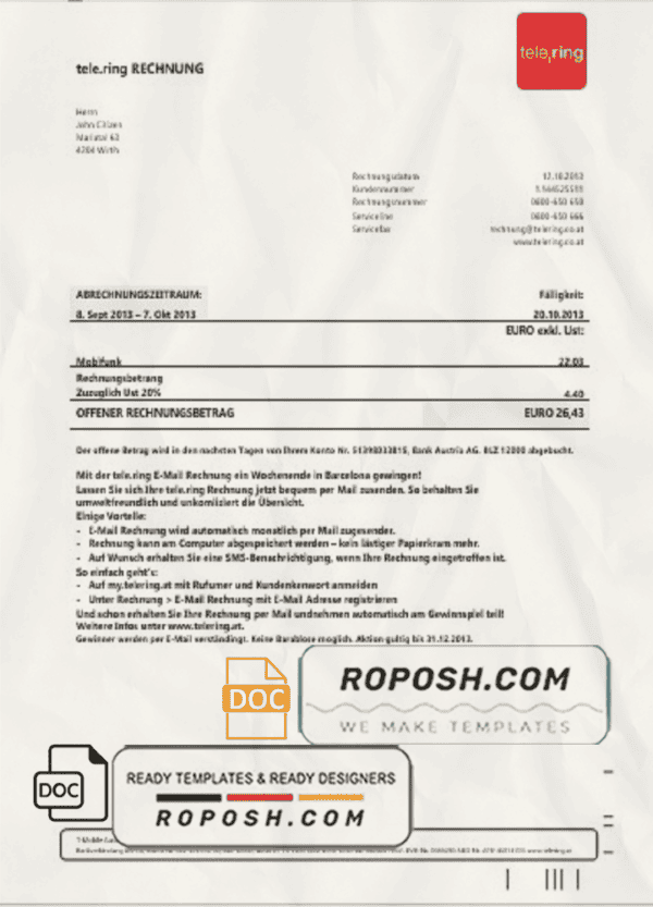 Sweden Tele Ring utility bill template in Word and PDF format