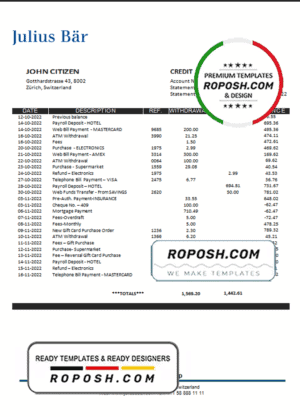 Switzerland Julius Bar bank statement, Excel and PDF template