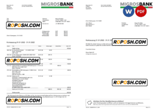 Switzerland Migrosbank bank statement, Word and PDF template, 2 pages