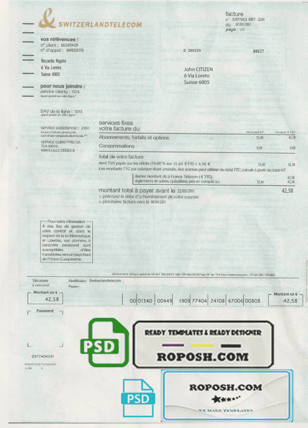 Switzerland Telecom utility bill template, fully editable in PSD format