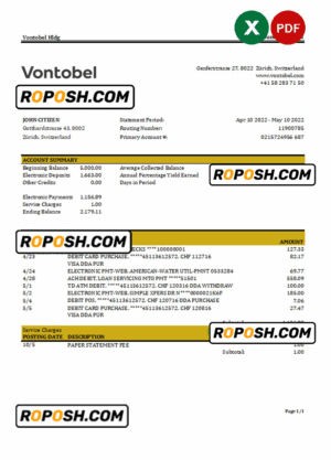 Switzerland Vontobel bank statement, Excel and PDF template