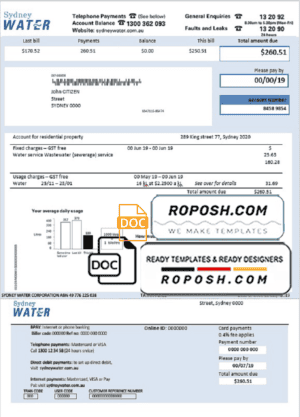 Australia Sydney water utility bill template, fully editable in Word and PDF format