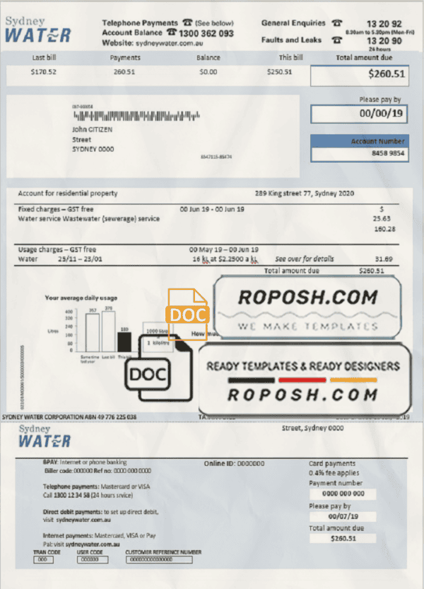 Australia Sydney water utility bill template, fully editable in Word and PDF format