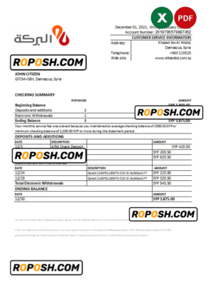 Syria Al Baraka bank statement, Excel and PDF template