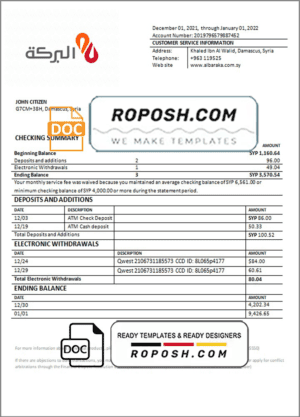 Syria Al Baraka bank statement template in Word and PDF format