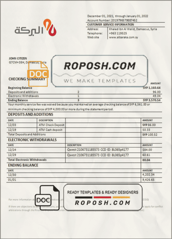 Syria Al Baraka bank statement template in Word and PDF format