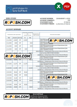 Syria Gulf bank statement, Excel and PDF template