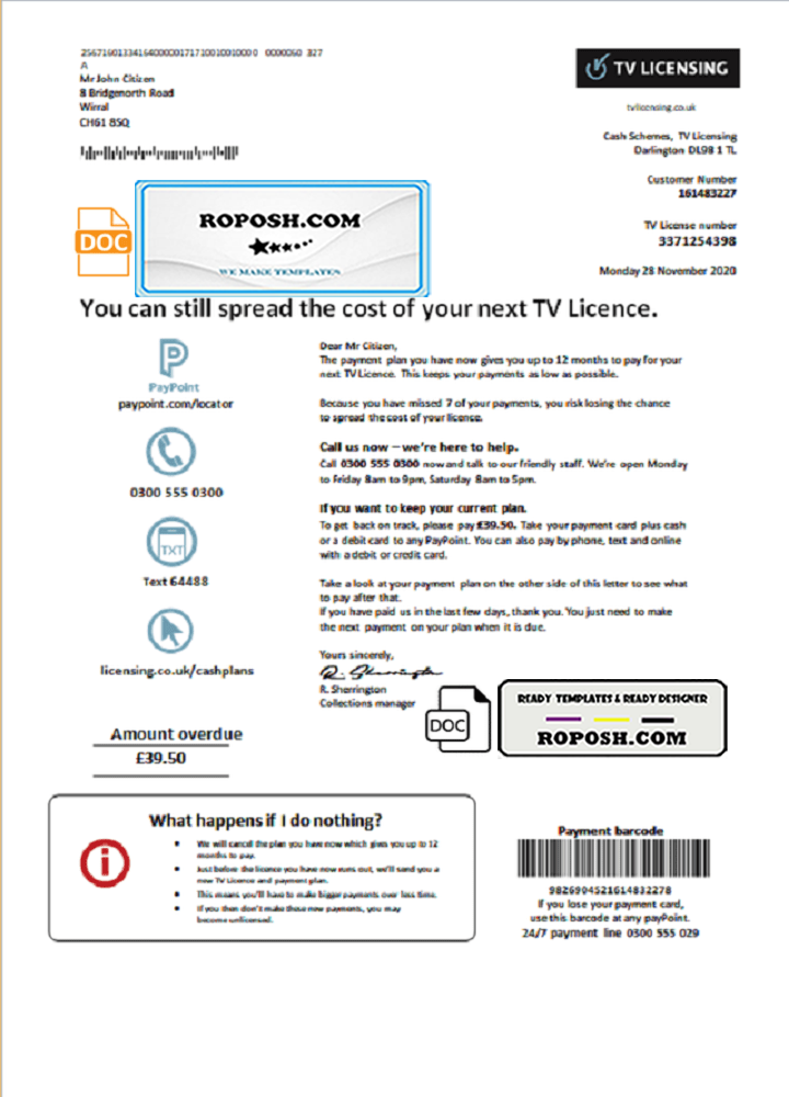 United Kingdom TV Licensing utility bill template in Word and PDF format