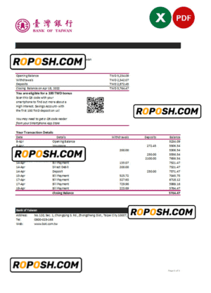 Taiwan Bank of Taiwan bank statement, Excel and PDF template