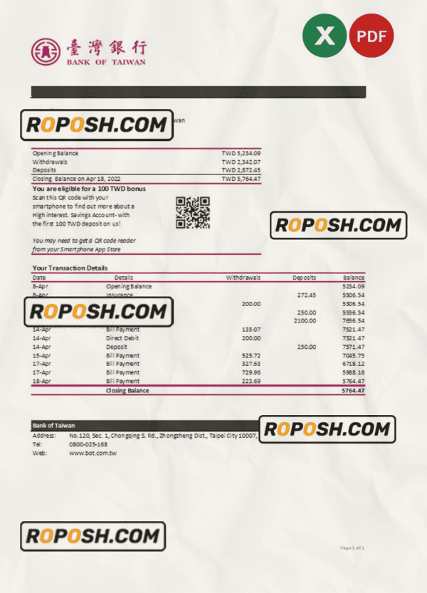 Taiwan Bank of Taiwan bank statement, Excel and PDF template