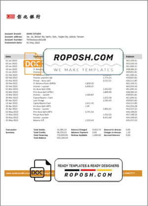 Taiwan Chang Hwa Bank statement template in Word and PDF format