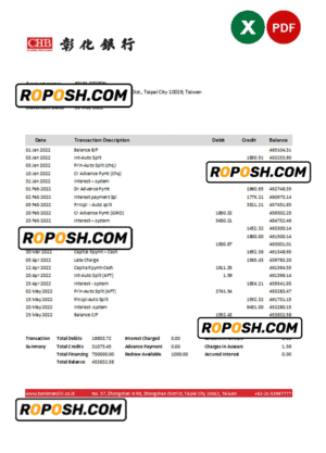 Taiwan Chang Hwa Bank statement, Excel and PDF template