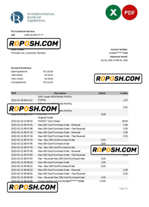 Tajikistan ITB bank statement, Excel and PDF template