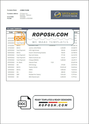 Tajikistan Spitamen Bank statement template in Word and PDF format