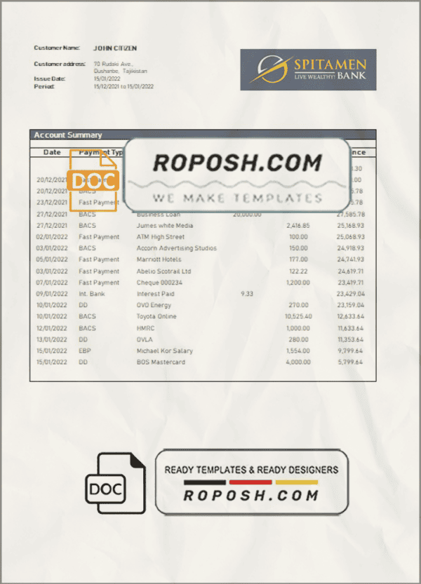 Tajikistan Spitamen Bank statement template in Word and PDF format