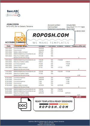 Tanzania BancABC bank statement template in Word and PDF format